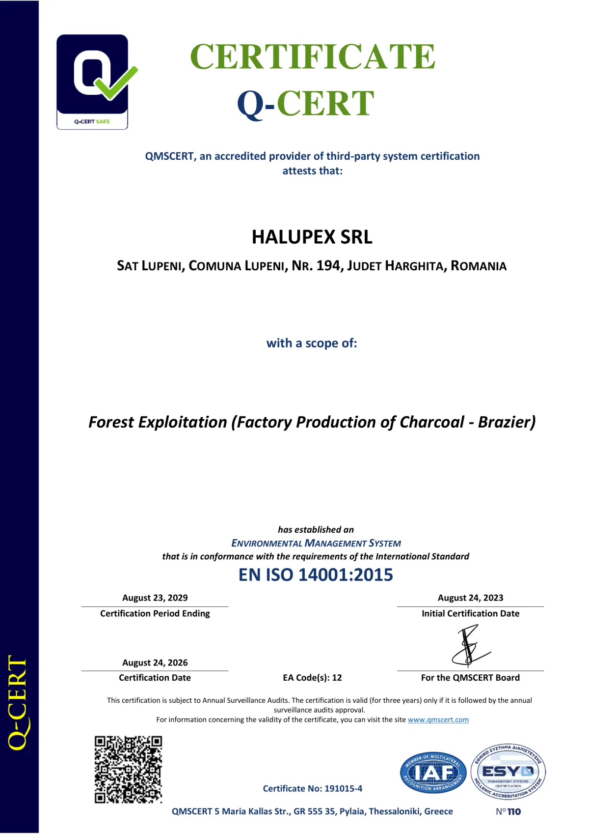 Certificat ISO 14001