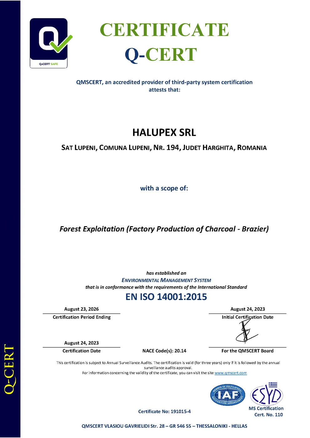 Certificat ISO 14001
